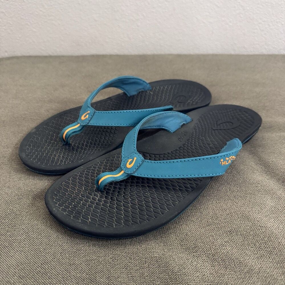 OluKai Kia'I Wahine Women's Flip Flop Thong Sandals Black Blue Beach Size 8